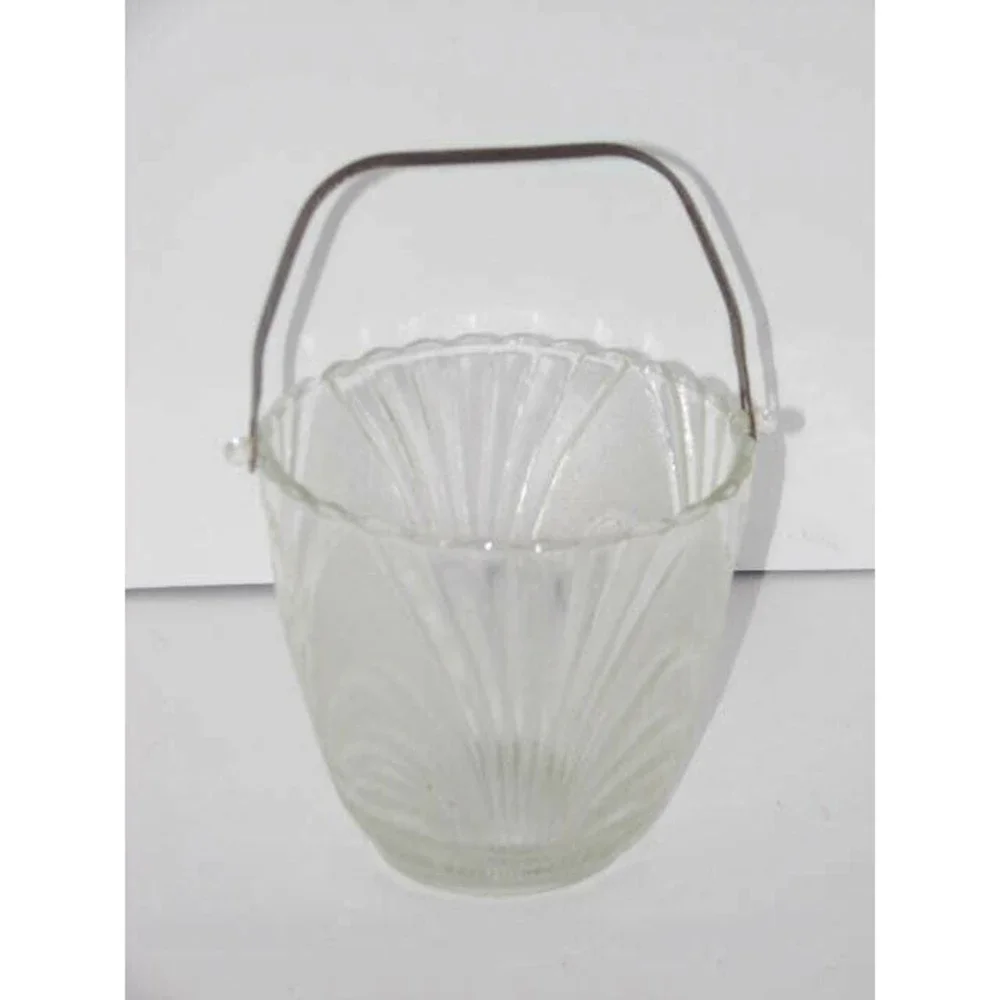 Vintage Ice Bucket Frosted Glass Removable Hammered Aluminum Handle